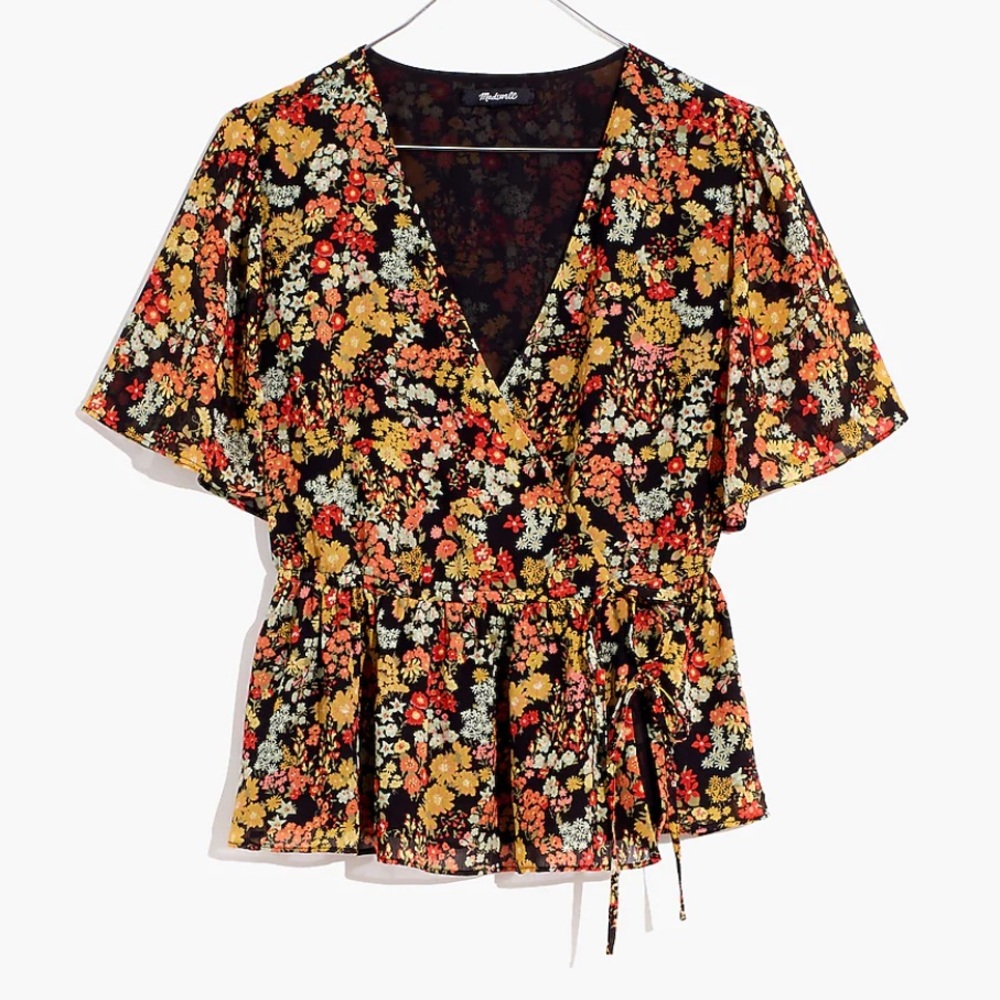 Madewell Short-Sleeve Peplum Wrap Top in Flower Garden